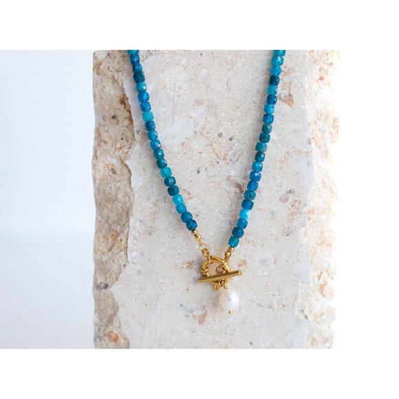 Blue Apatite Gemstone Necklace Gold Toggle Clasp Removable Baroque Pearl Genuine - Picture 1 of 14